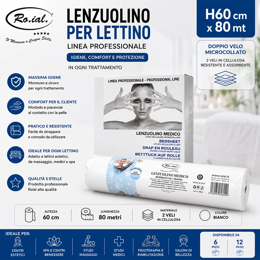 Lenzuolino Rotolo per Lettino Monouso Roial 60 cm x 80 m Carta Professionale per Estetista, Massaggi e Spa LEN587