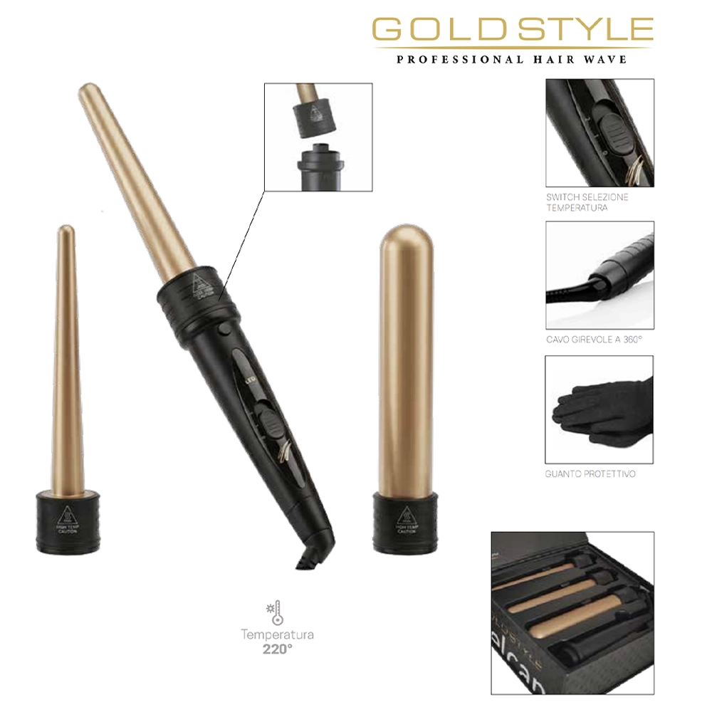 Ferro Arricciacapelli Professionale 3 in 1 Wave Gold Style con 3 Coni Intercambiabili - immagine 3