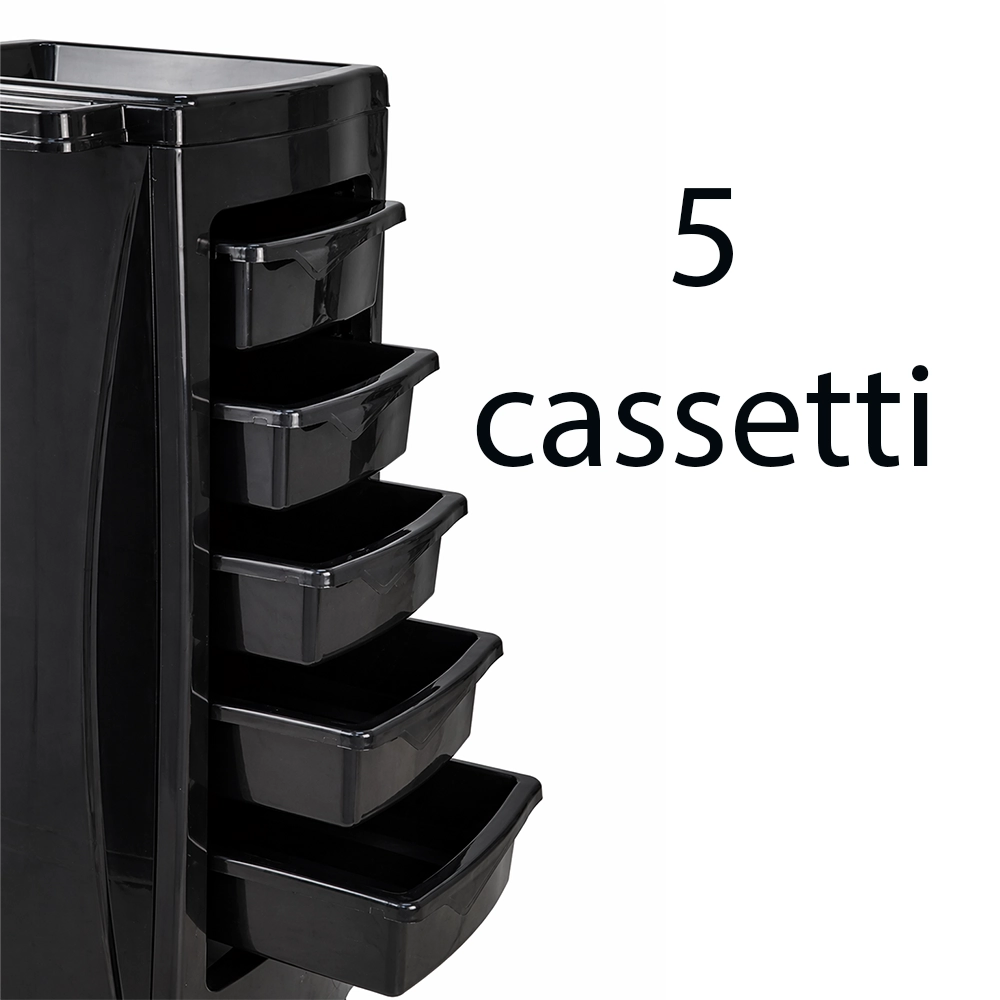Carrello da Parrucchiere Styling Professionale Nero Lucido con 5 Cassetti - immagine 3