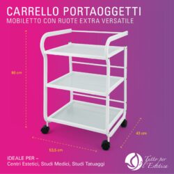 carrello per estetista in metallo con 3 ripiani in vetro
