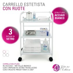 carrello per estetista in metallo con 3 ripiani in vetro