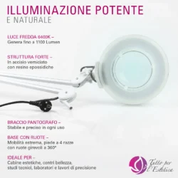 Lampada Con Lente Ingrandimento 5 Diottrie Per Estetista – Stativo Con Ruote, Luce Fredda 6400K 1100 Lumen, Lente 12 Cm, Braccio Regolabile, Perfetta Per Centri Estetici E Laboratori