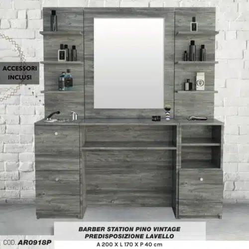 POSTAZIONE DA BARBIERE VINTAGE BARBER SHOP COMPLETA DI SPECCHIO, LAVABO, DOCCETTA E MISCELATORE PINO