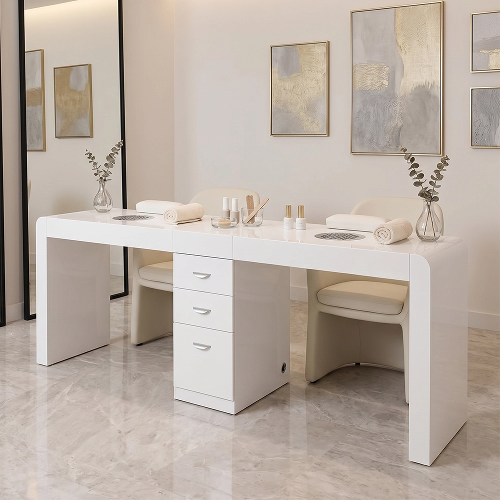 TAVOLO MANICURE CON ASPIRATORE LACCATO BIANCO DOPPIA POSTAZIONE PER ESTETISTA CENTRO ESTETICO