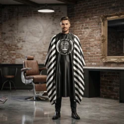 mantella da parrucchiere uomo con gancio per taglio capelli clienti moderna elegante barbershop