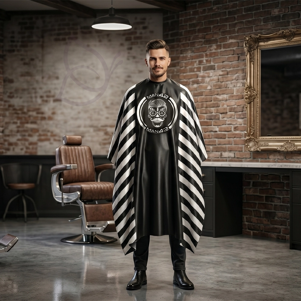 mantella da parrucchiere uomo con gancio per taglio capelli clienti moderna elegante barbershop
