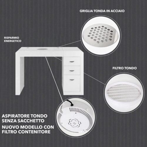 Tavolo manicure con aspiratore filtro tondo per estetista in legno laccato bianco cassettiera Regin Keopalia Ke131030 - immagine 5