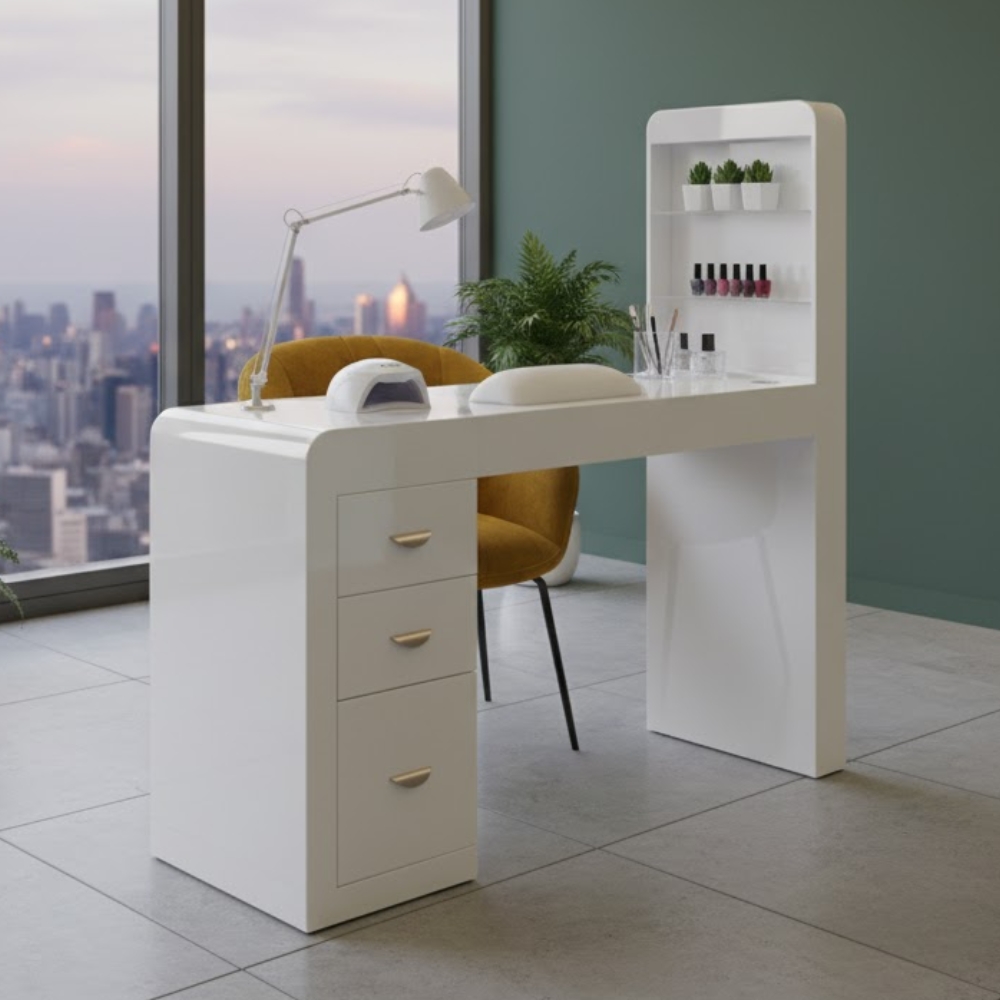 Tavolo manicure con aspiratore filtro tondo per estetista in legno laccato bianco Colonna espositore destra Regin Keopalia Ke13100