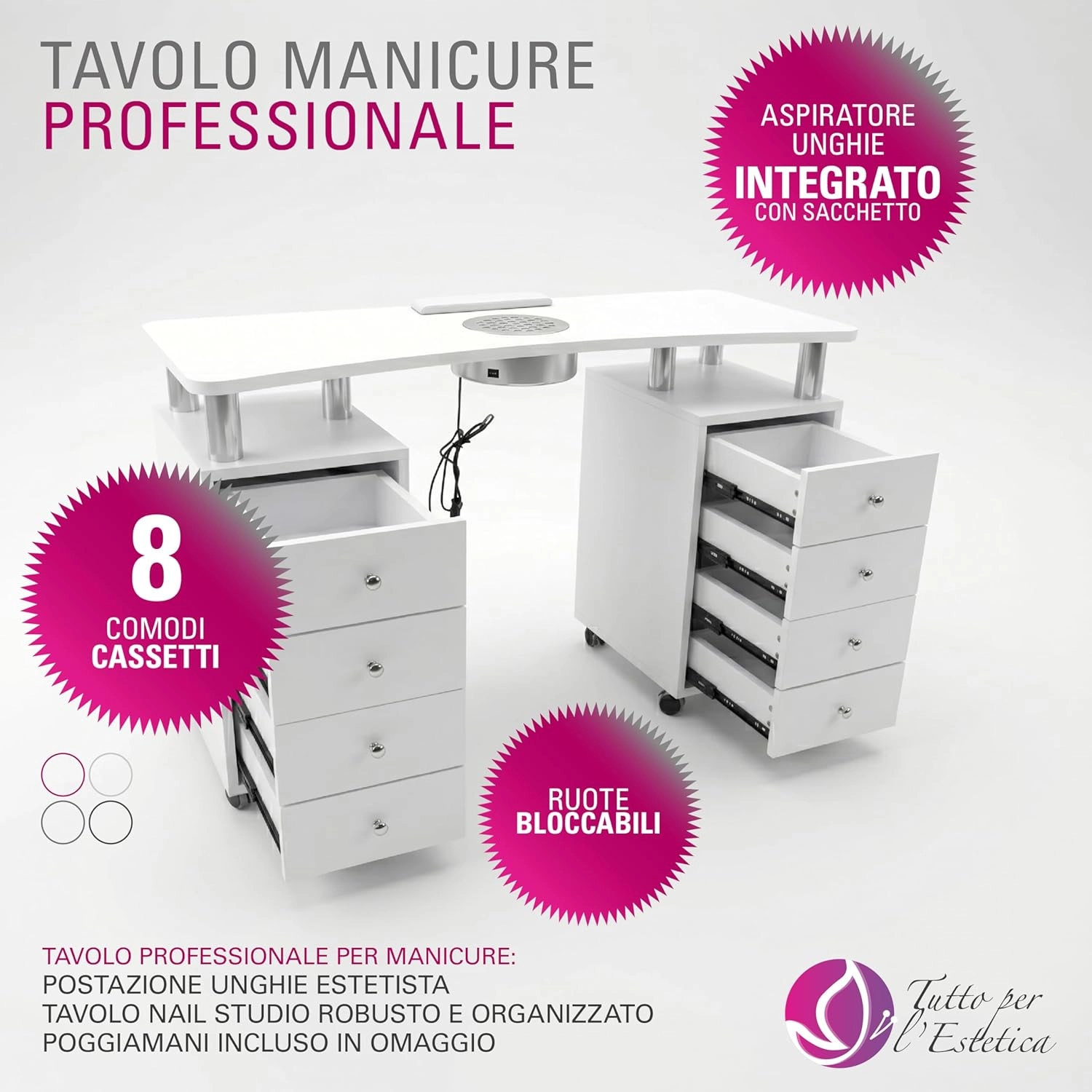 Tavolo manicure con aspiratore per estetista filtro tondo Hepa per centro estetico - immagine 4