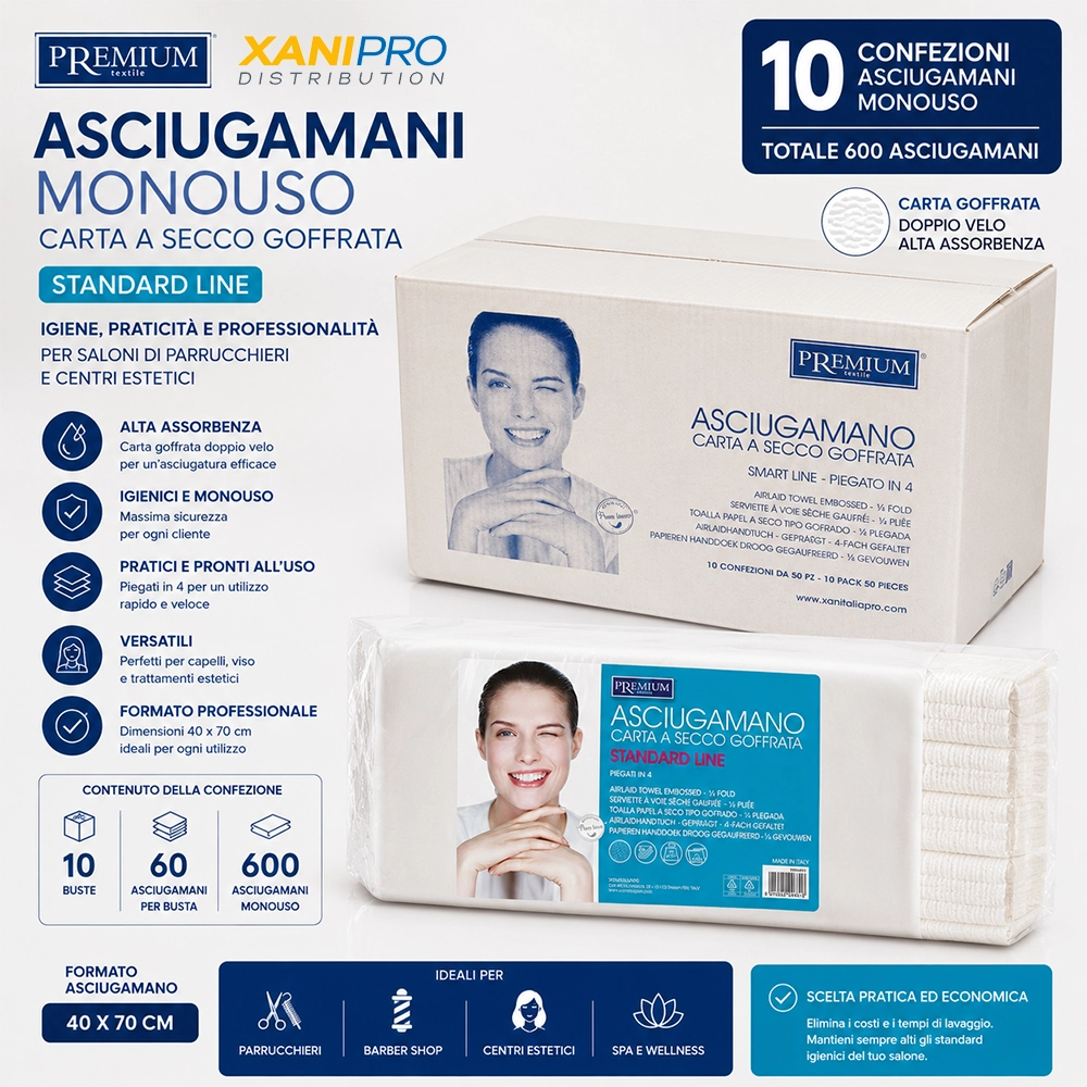 10 CONFEZIONI ASCIUGAMANI MONOUSO CARTA GOFFRATA Asciugamani Monouso Carta Goffrata 40x70 cm Standard Line Xanitalia 10 Buste