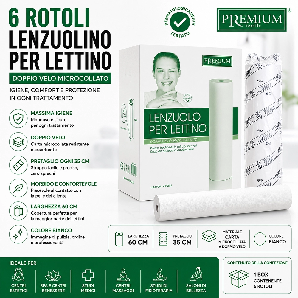 6 Rotoli Lenzuolino da Lettino Monouso 2 Veli Xanitalia 60 cm Carta Microcollata Bianca