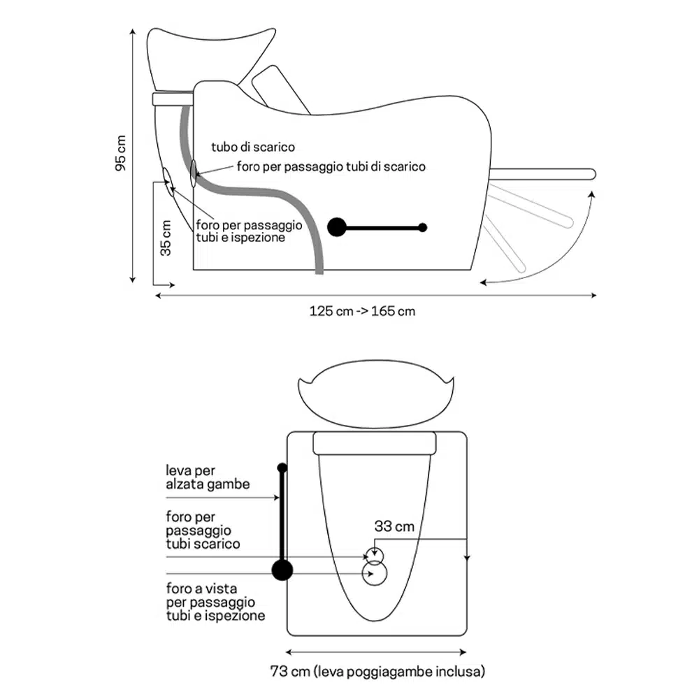 LAVATESTA CON POGGIAPIEDI PARRUCCHIERE CERAMICA NERA POLTRONA LAVAGGIO BARBIERE - immagine 3