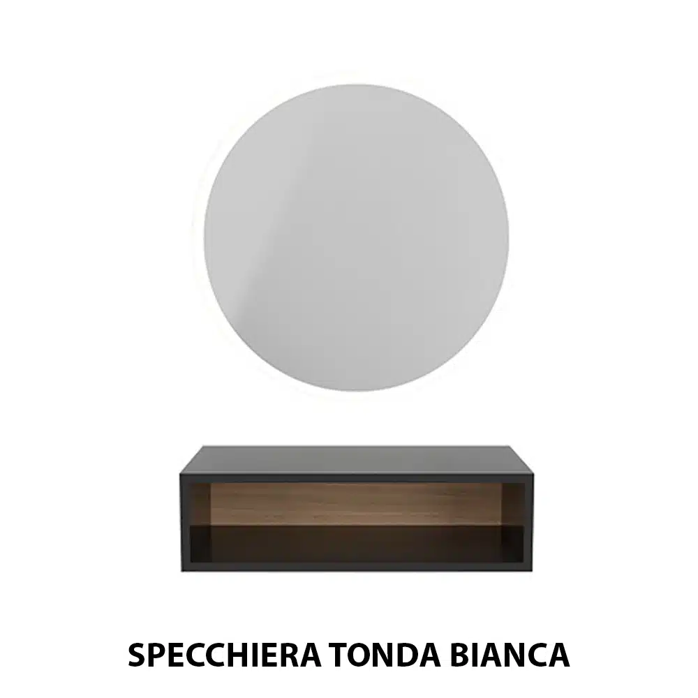 Specchio specchiera tonda con luce LED e ripiano a giorno per parrucchiere barbiere in legno bianca - immagine 3