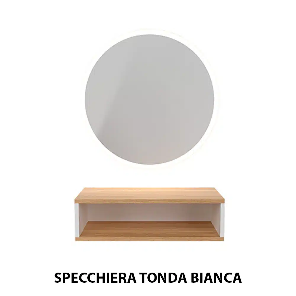 Specchio specchiera tonda con luce LED e ripiano a giorno per parrucchiere barbiere in legno bianca - immagine 2
