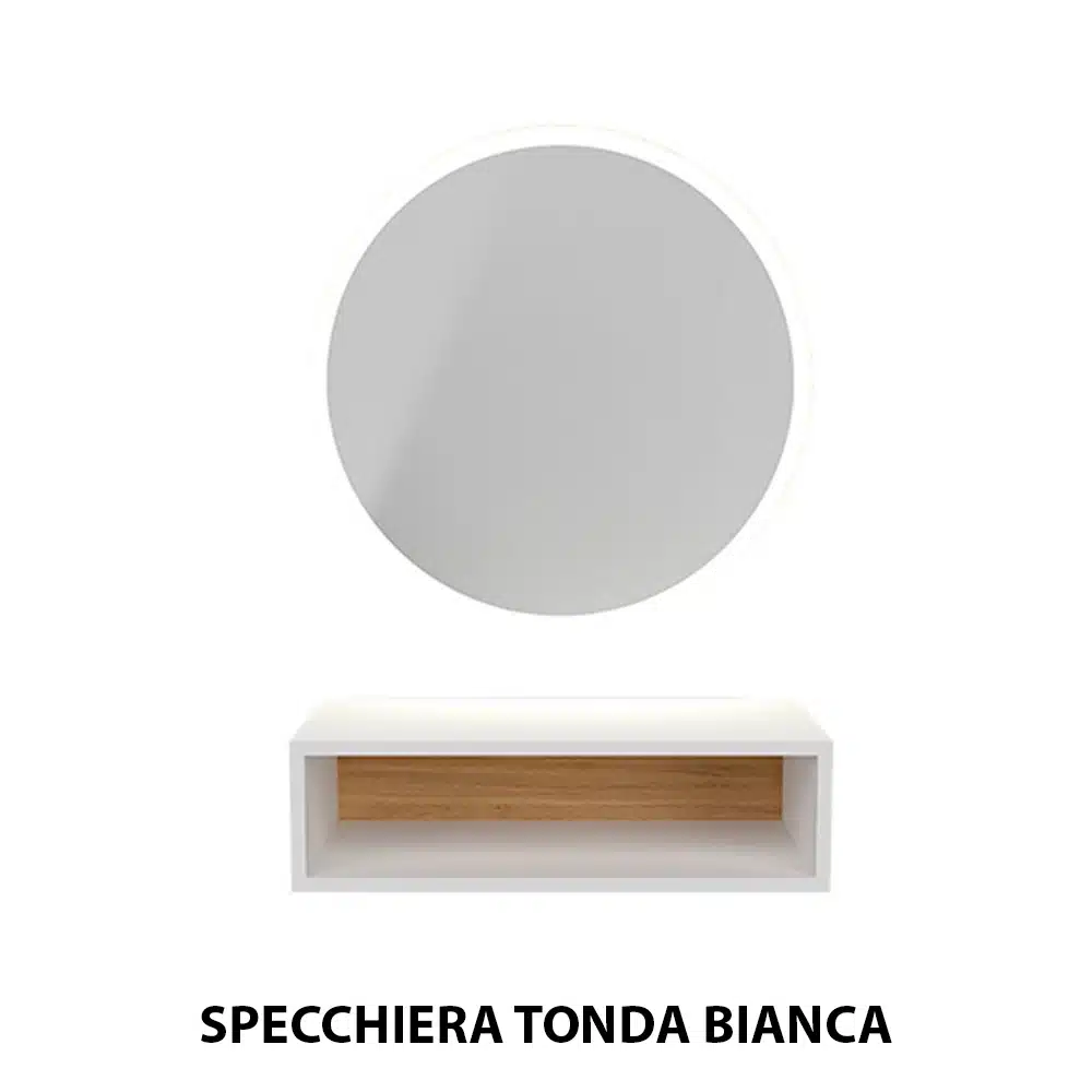 Specchio specchiera tonda con luce LED e ripiano a giorno per parrucchiere barbiere in legno bianca - immagine 4