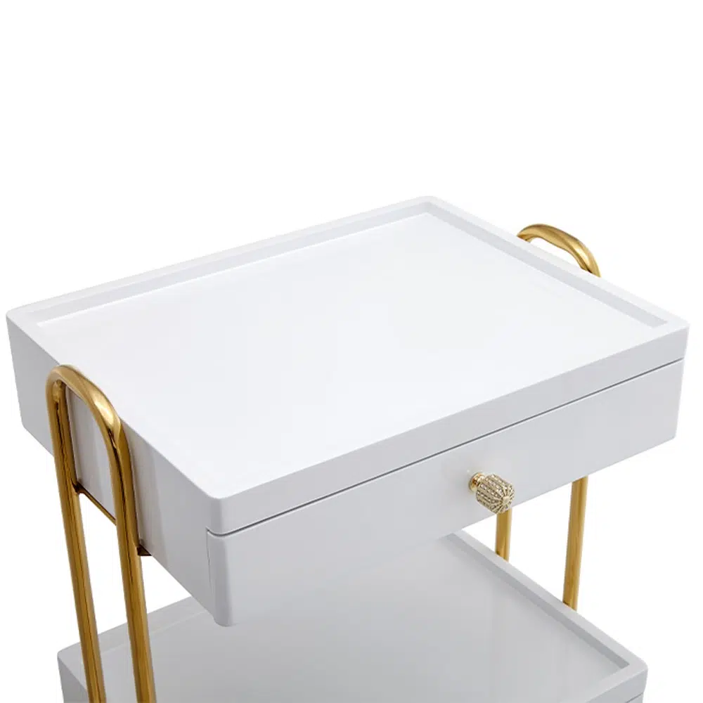 Carrello per centro estetico in legno laccato bianco e oro - 4 ruote - immagine 2