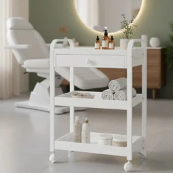 carrello per estetista 3 ripiani con ruote color bianco beige