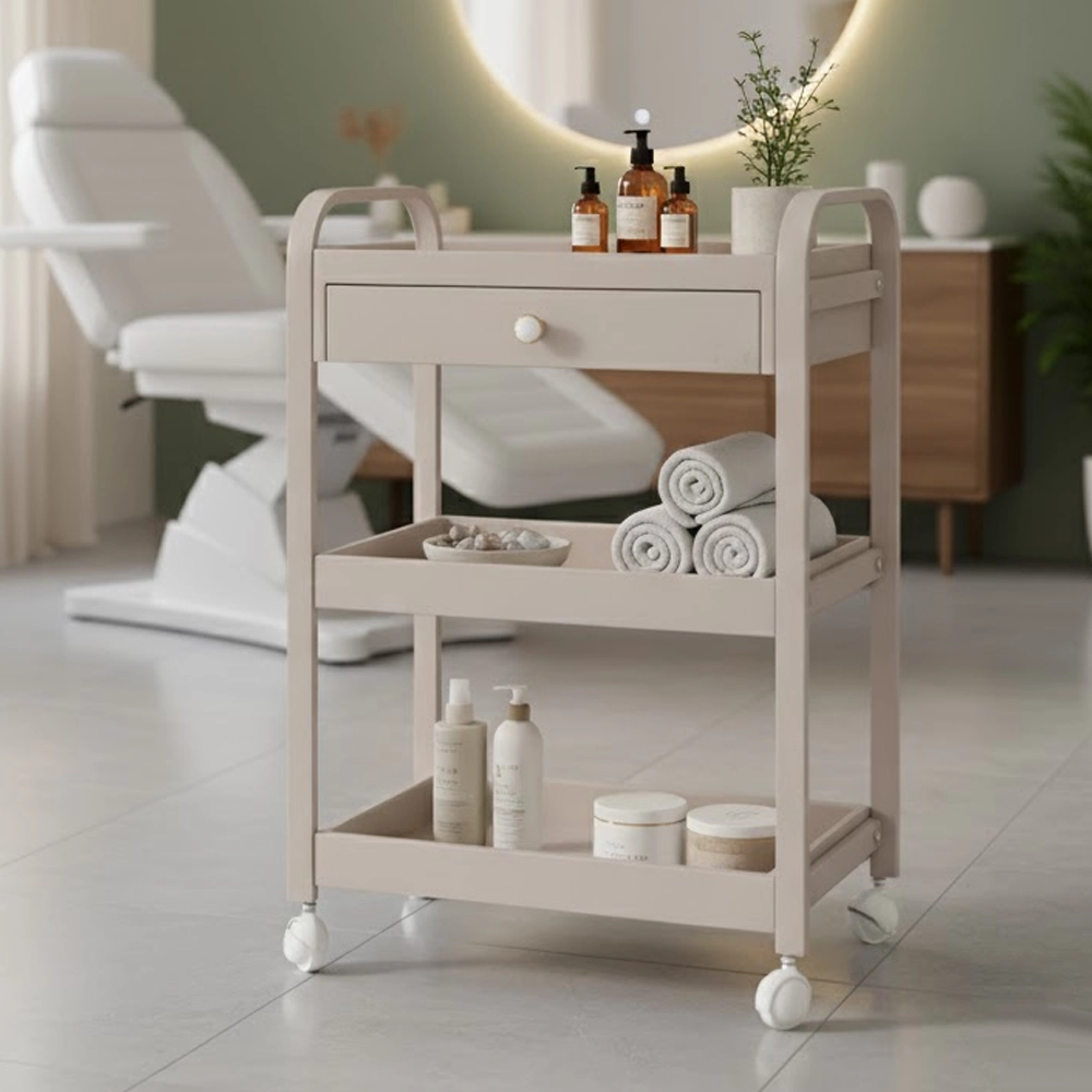 carrello per estetista 3 ripiani con ruote color tortora beige