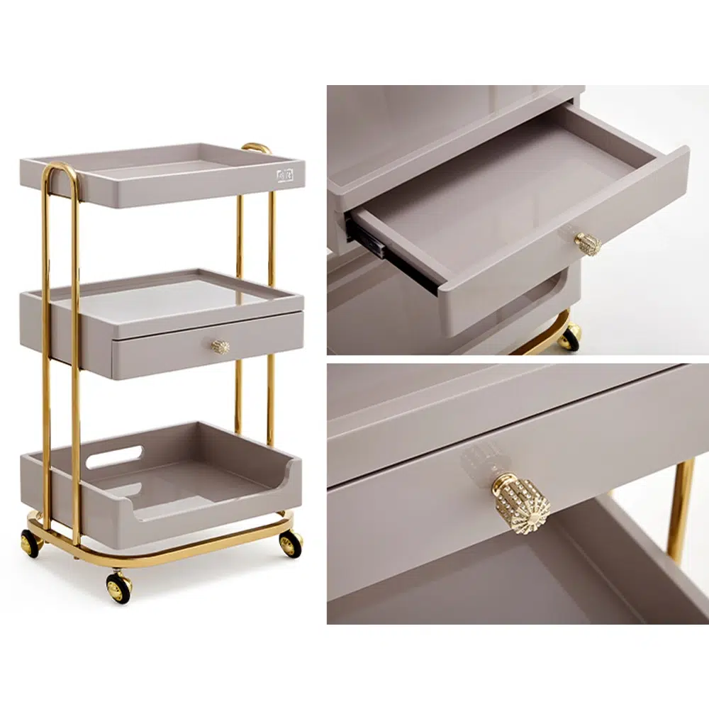 Carrello per centro estetico in legno laccato tortora e oro - 4 ruote - immagine 3