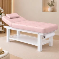 lettino per centro estetico da massaggio rosa e bianco in legno con ripiano