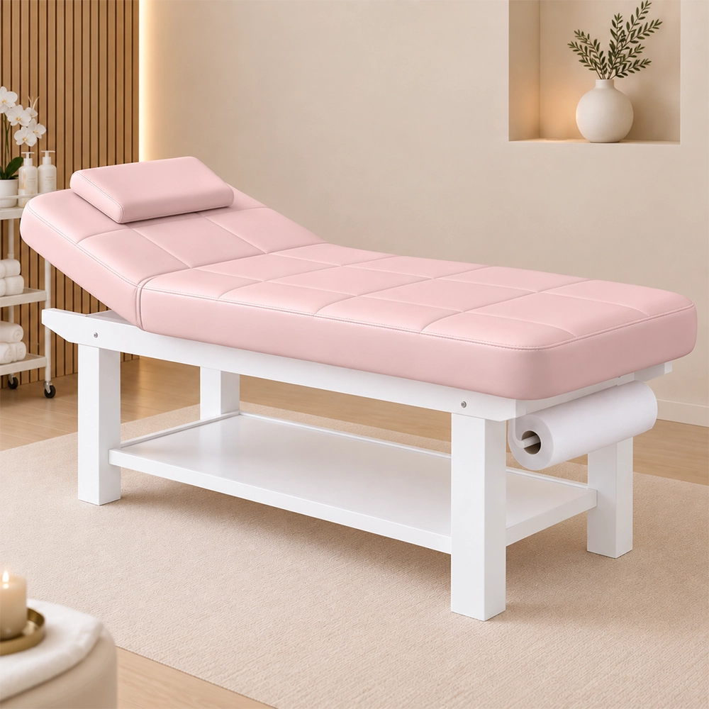 lettino per centro estetico da massaggio rosa e bianco in legno con ripiano