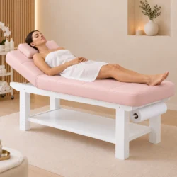 lettino rosa e bianco da massaggio con ripiano centro estetico pink