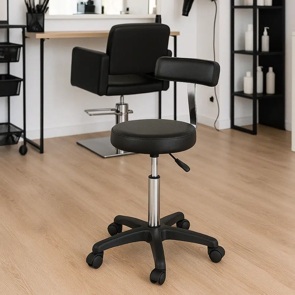 sedia sgabello per parrucchiere con schienale nero