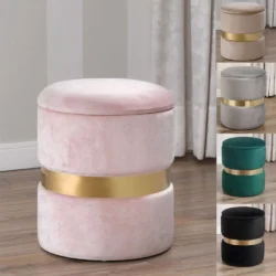Pouf contenitore in velluto rosa nero tortora grigio verde e metallo dorato stile Art Déco