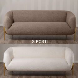 Divano 3 Posti in Tessuto Teddy con Piedi in Metallo Dorato – Stile Scandinavo