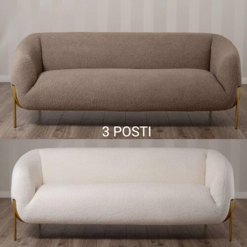 Divano 3 Posti in Tessuto Teddy con Piedi in Metallo Dorato – Stile Scandinavo