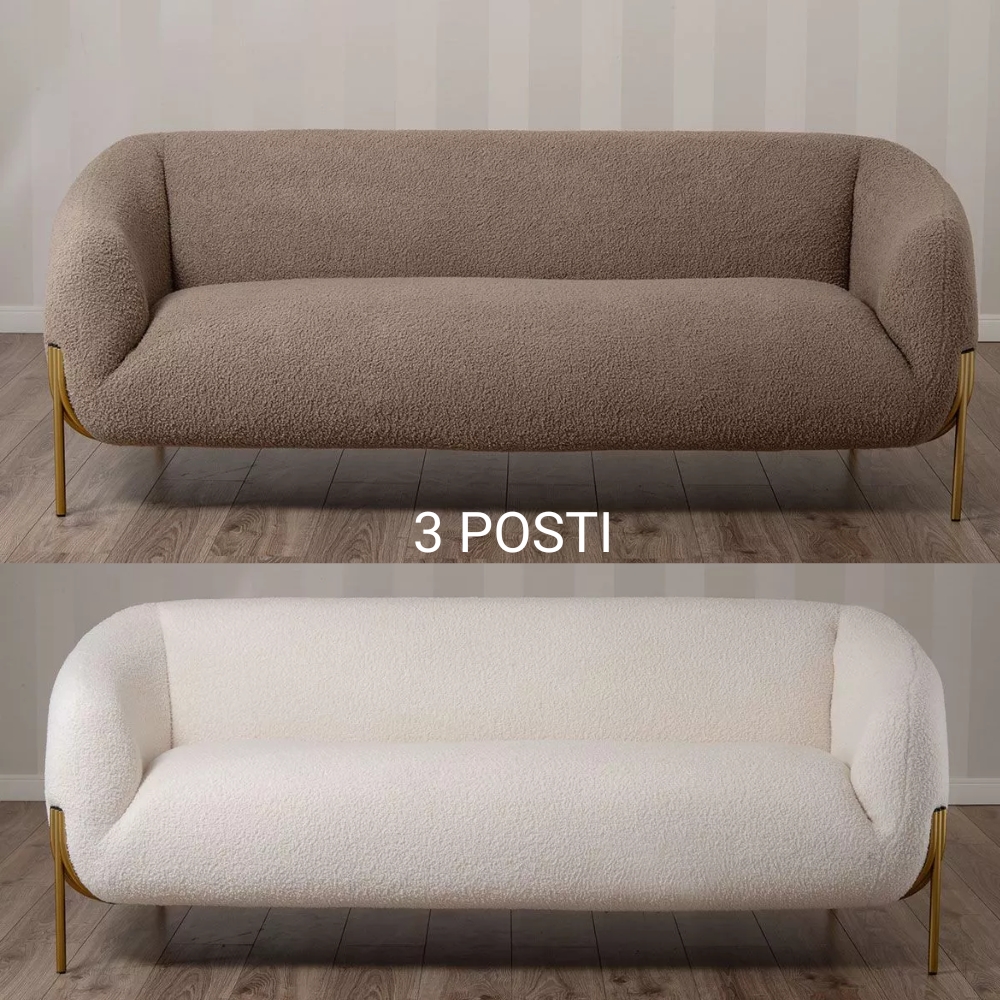 Divano 3 Posti in Tessuto Teddy con Piedi in Metallo Dorato – Stile Scandinavo
