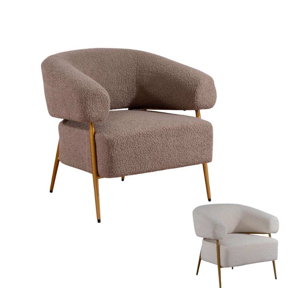 Poltrona in Tessuto Teddy con Piedi in Metallo Dorato – Stile Scandinavo