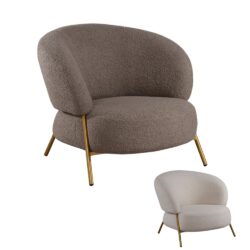 Poltrona in Tessuto Teddy Beige o Tortora con Struttura in Metallo Dorato – Stile Scandinavo
