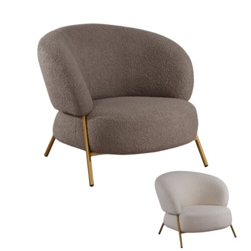 Poltrona in Tessuto Teddy Beige o Tortora con Struttura in Metallo Dorato – Stile Scandinavo