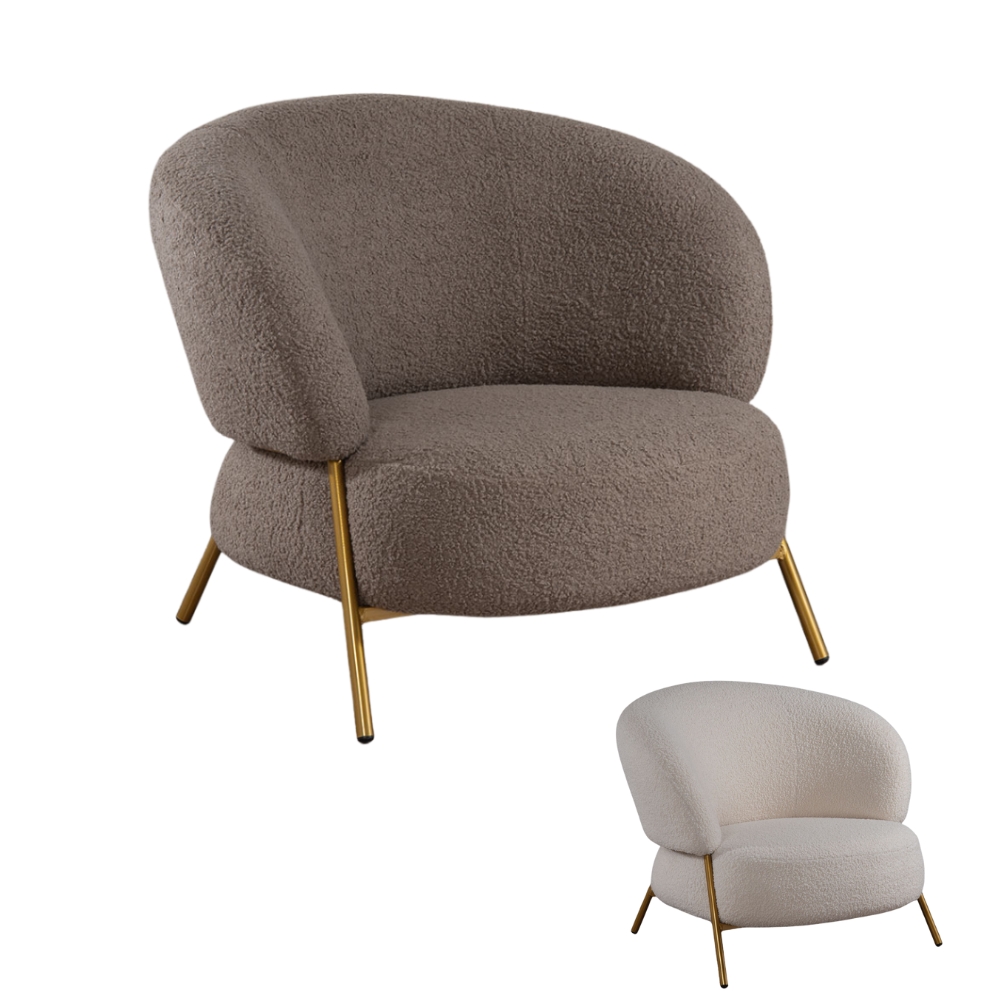 Poltrona in Tessuto Teddy Beige o Tortora con Struttura in Metallo Dorato – Stile Scandinavo