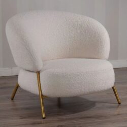 Poltrona in Tessuto Teddy Beige o Tortora con Struttura in Metallo Dorato – Stile Scandinavo