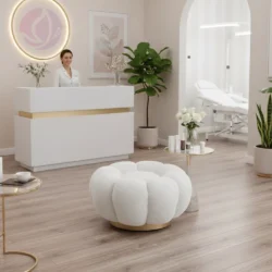 Poggiapiedi Pouf in Tessuto Teddy con Base in Metallo Dorato Tortora Crema Verde Senape Rosa - immagine 7
