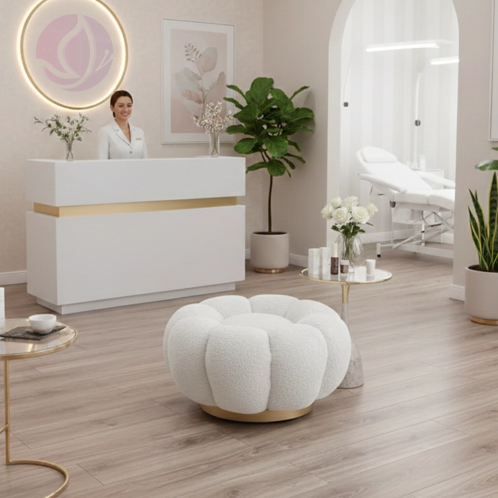 Poggiapiedi Pouf in Tessuto Teddy con Base in Metallo Dorato Tortora Crema Verde Senape Rosa - immagine 7