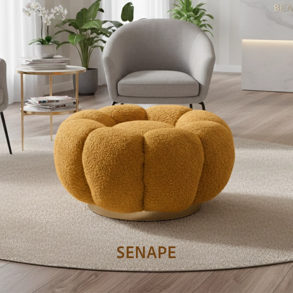 Poggiapiedi Pouf in Tessuto Teddy con Base in Metallo Dorato Tortora Crema Verde Senape Rosa - immagine 6