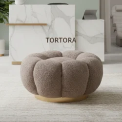 Poggiapiedi Pouf in Tessuto Teddy con Base in Metallo Dorato Tortora Crema Verde Senape Rosa - immagine 4