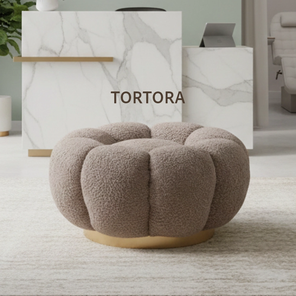Poggiapiedi Pouf in Tessuto Teddy con Base in Metallo Dorato Tortora Crema Verde Senape Rosa - immagine 4