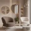 Poltrona in Tessuto Teddy Beige o Tortora con Struttura in Metallo Dorato – Stile Scandinavo