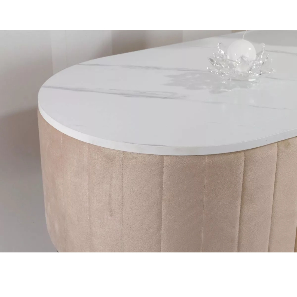 Consolle Scrivania Tavolo in Velluto, Metallo Dorato e Top Effetto Marmo – Stile Art Déco