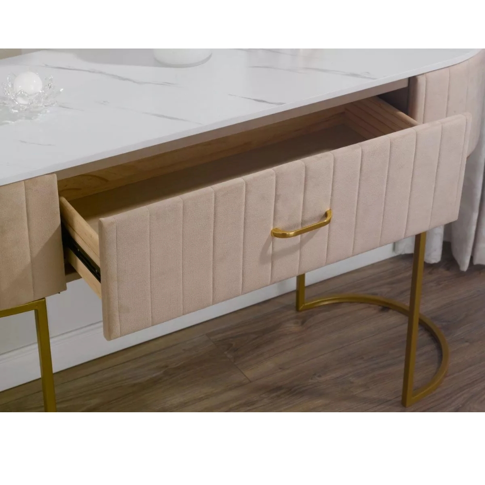 Consolle Scrivania Tavolo in Velluto, Metallo Dorato e Top Effetto Marmo – Stile Art Déco