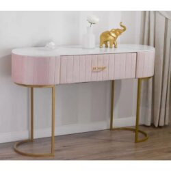 Consolle Scrivania Tavolo in Velluto, Metallo Dorato e Top Effetto Marmo – Stile Art Déco