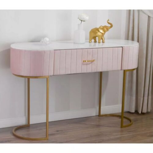 Consolle Scrivania Tavolo in Velluto, Metallo Dorato e Top Effetto Marmo – Stile Art Déco