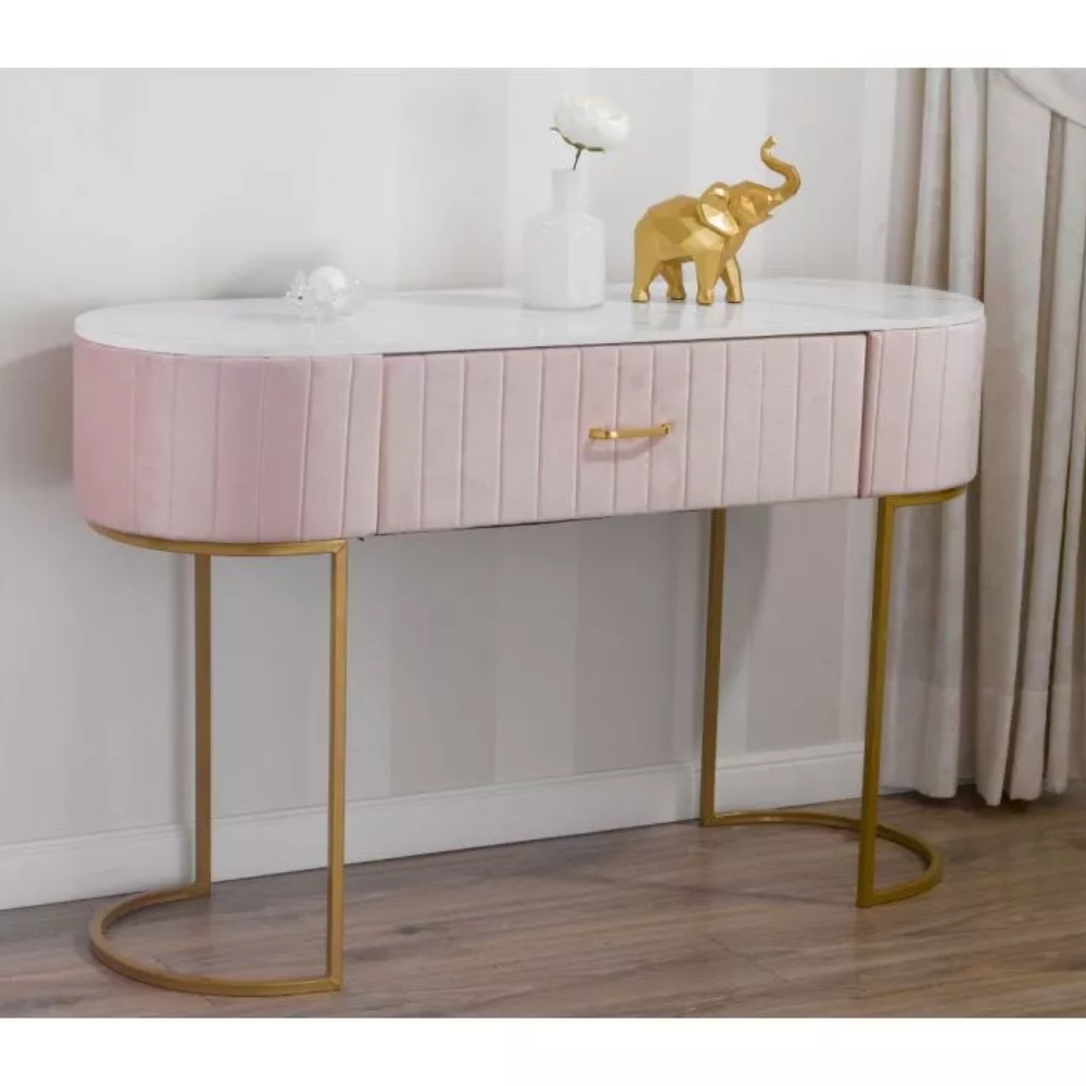Consolle Scrivania Tavolo in Velluto, Metallo Dorato e Top Effetto Marmo – Stile Art Déco
