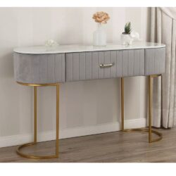 Consolle Scrivania Tavolo in Velluto, Metallo Dorato e Top Effetto Marmo – Stile Art Déco