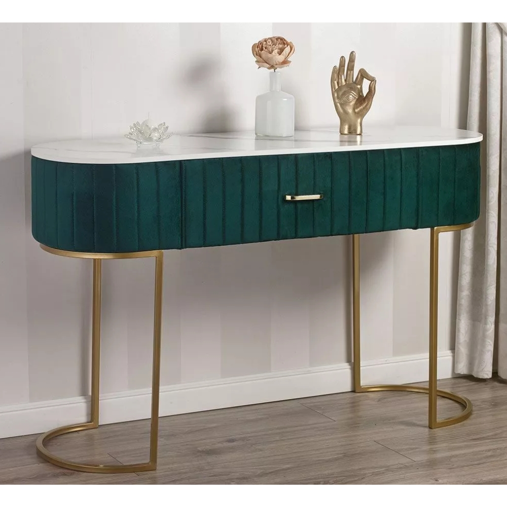Consolle Scrivania Tavolo in Velluto, Metallo Dorato e Top Effetto Marmo – Stile Art Déco