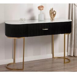 Consolle Scrivania Tavolo in Velluto, Metallo Dorato e Top Effetto Marmo – Stile Art Déco